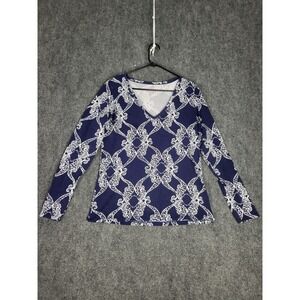Lilly Pulitzer Jodie Long Sleeve Top V-Neck Patterned‎ Navy White Blouse Large